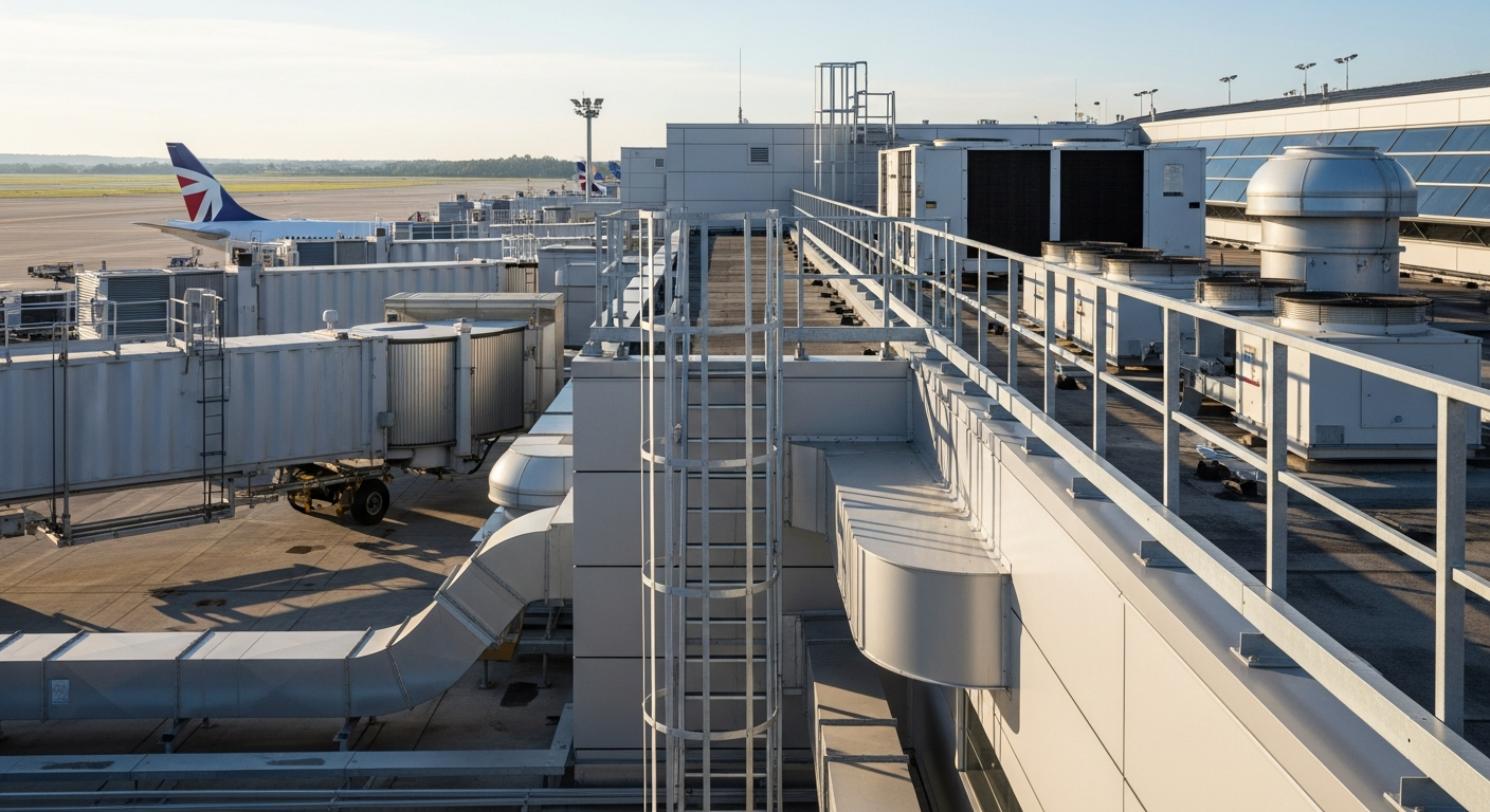 Fall protection system and custom access ladder installed on an airport terminal roof