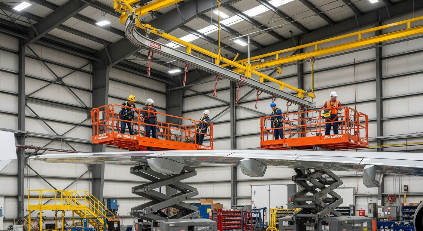 Overhead bridge-and-trolley fall protection system spanning an aircraft maintenance hangar
