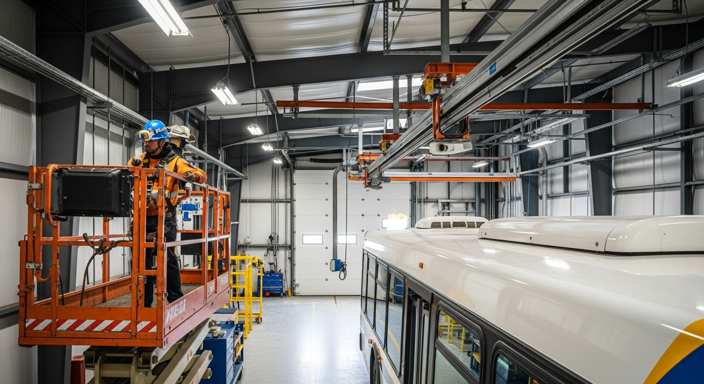 Overhead horizontal lifeline system in a bus maintenance bay providing rooftop tie-off for technicians