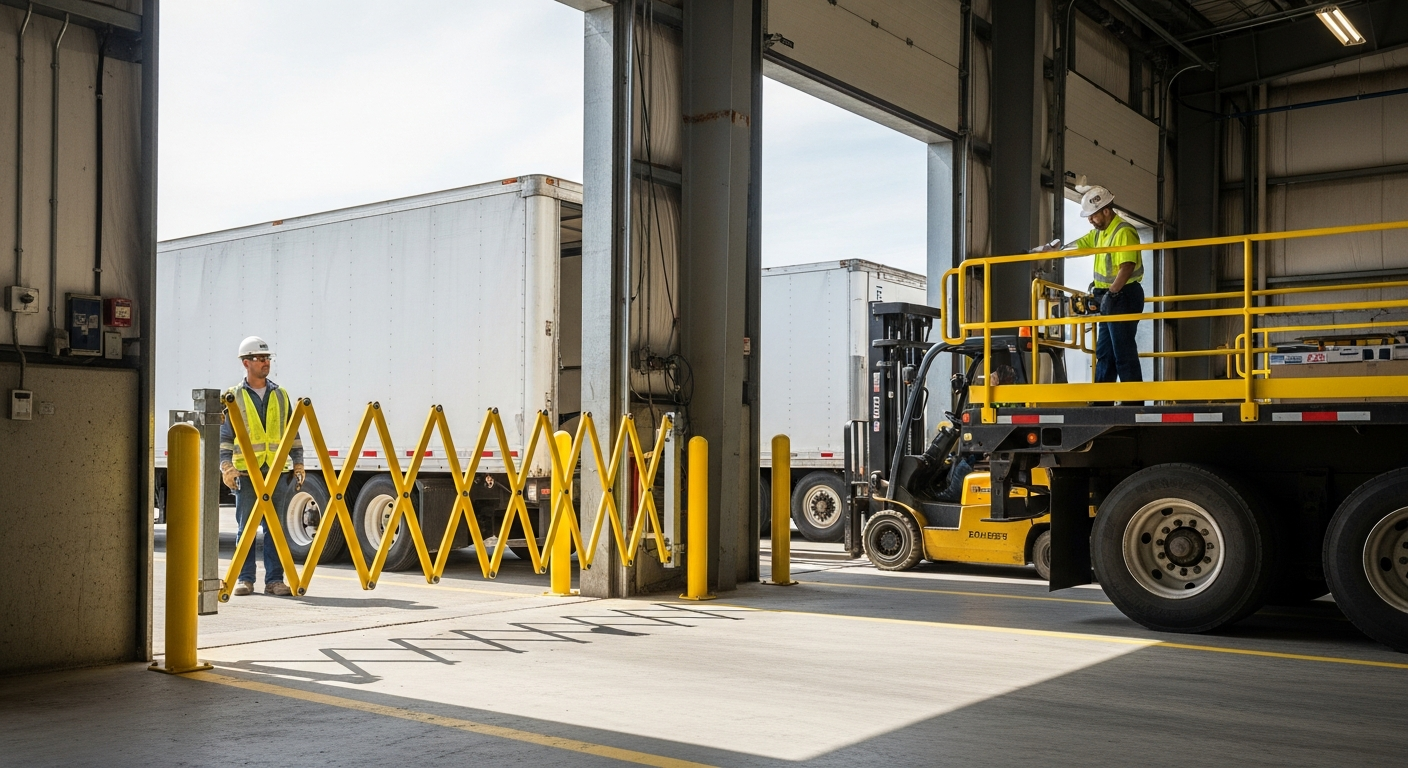 Forklift-rated folding guardrail and self-closing gate protecting an elevated loading dock opening