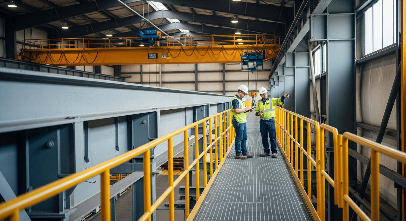 Elevated maintenance walkway with guardrails running alongside an overhead crane runway beam