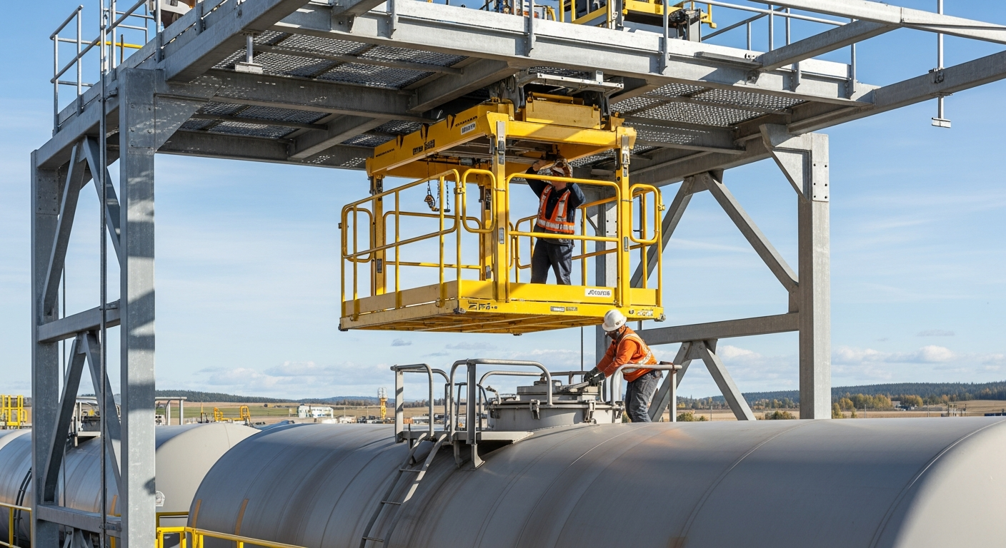 Cantilevered access gangway with safety cage positioned over a hopper car at a loading rack