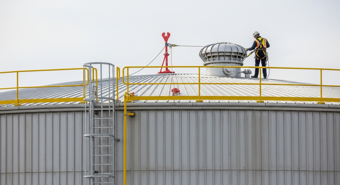 Vertical fall-arrest system retrofitted to a fixed ladder on a large industrial storage tank