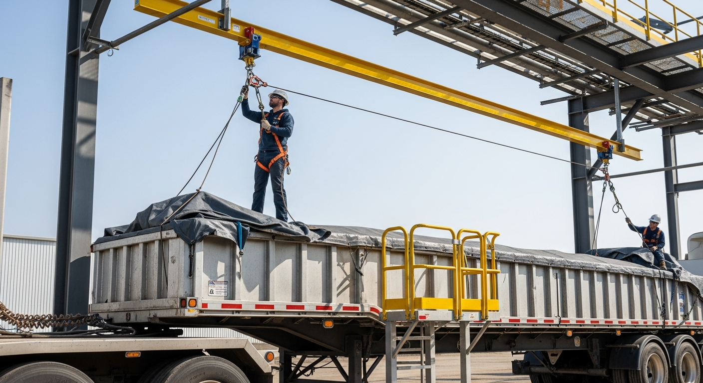 Overhead lifeline and telescoping gangway providing safe access to the top of a tanker truck