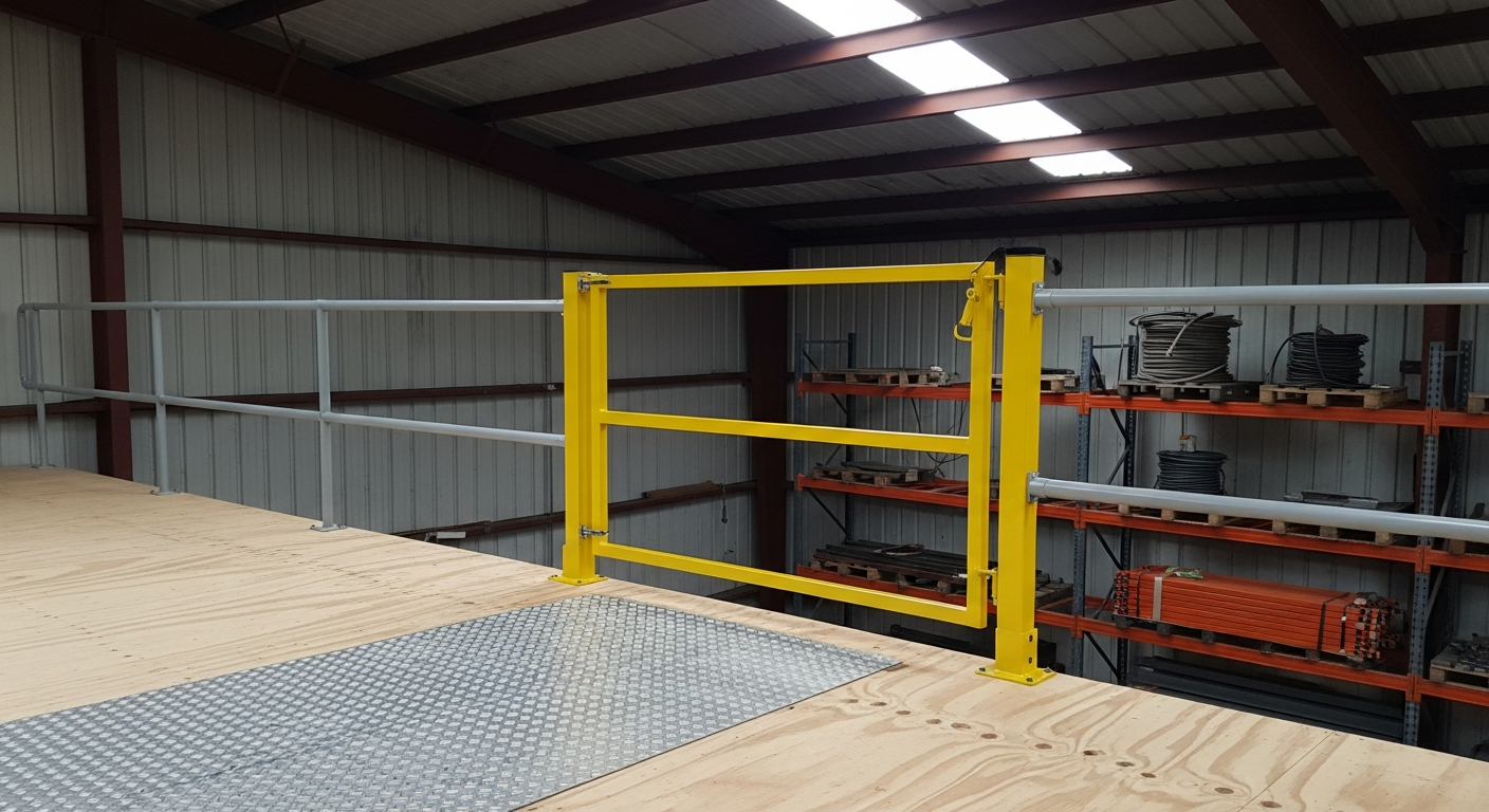 Dual-action mezzanine pivot gate protecting a pallet loading edge at height