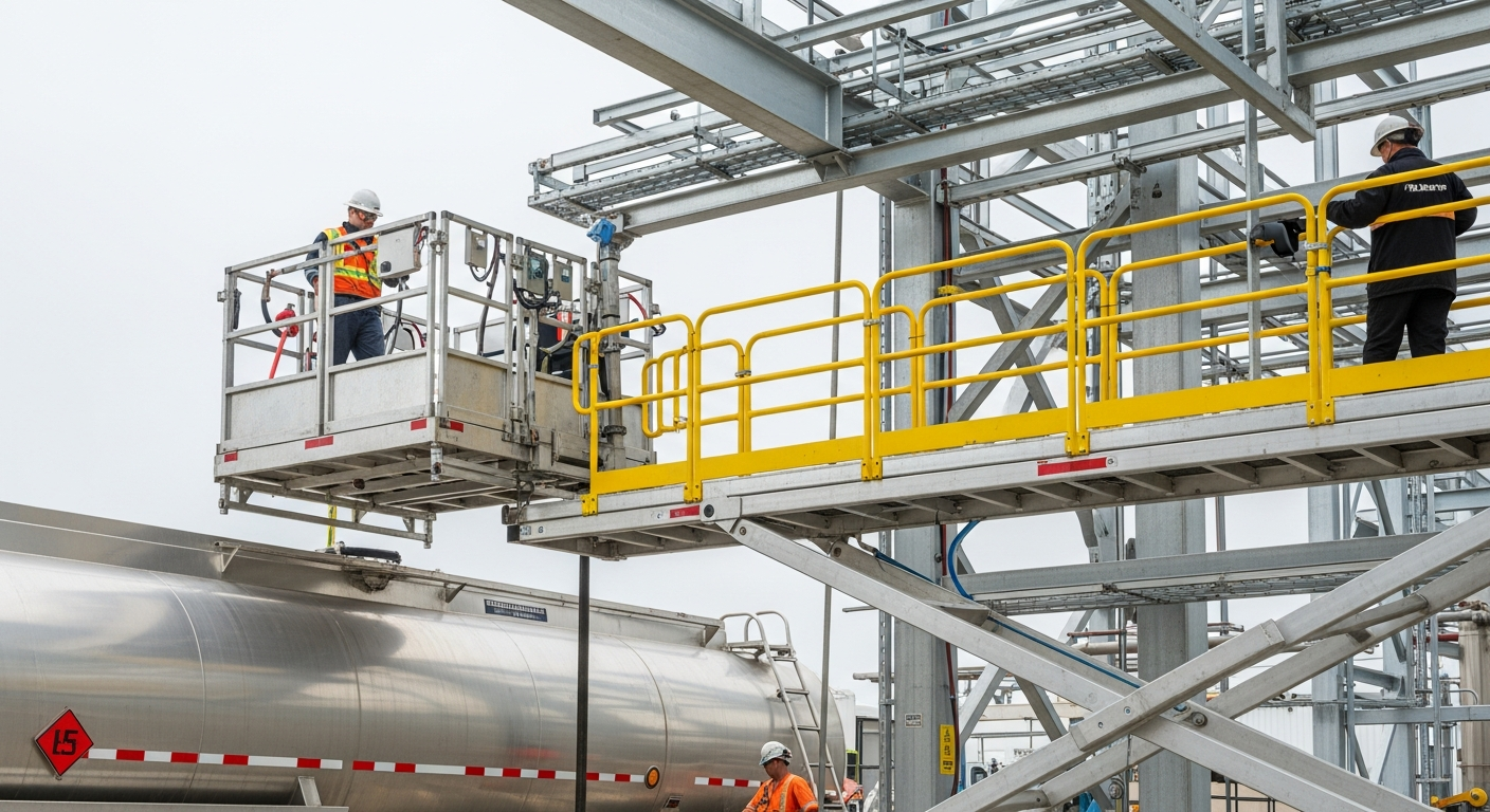 Counter-weighted telescoping access gangway bridging to the top of a transport tanker