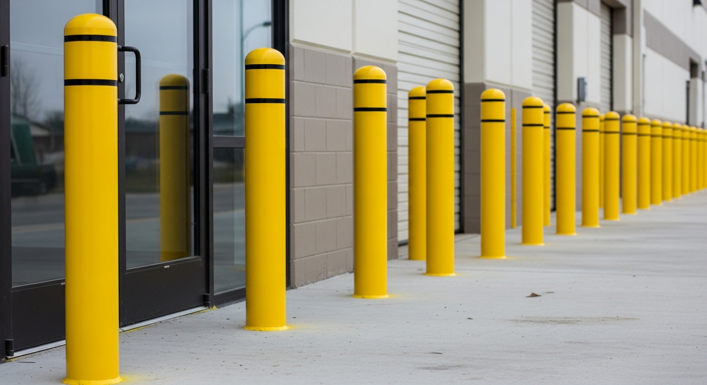 Safety-yellow concrete-filled steel bollards protecting a loading dock entrance from forklift impact
