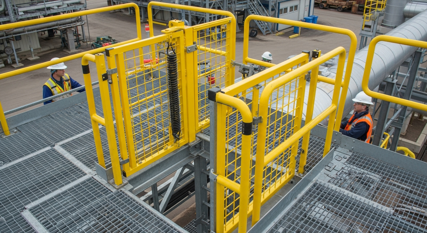 Self-closing safety gate mounted at a ladder opening on an elevated platform