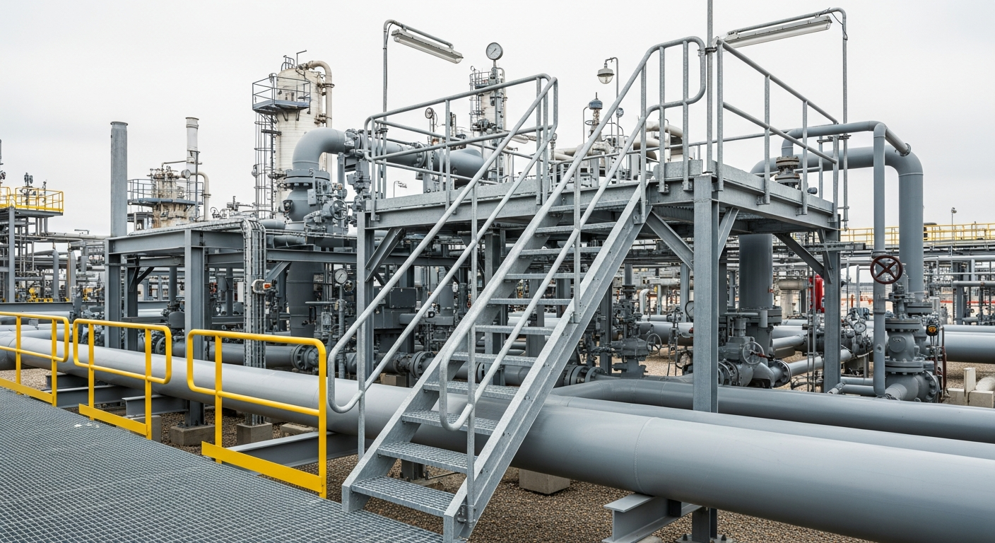 Industrial steel stair crossover with guardrails spanning a pipe rack in a plant