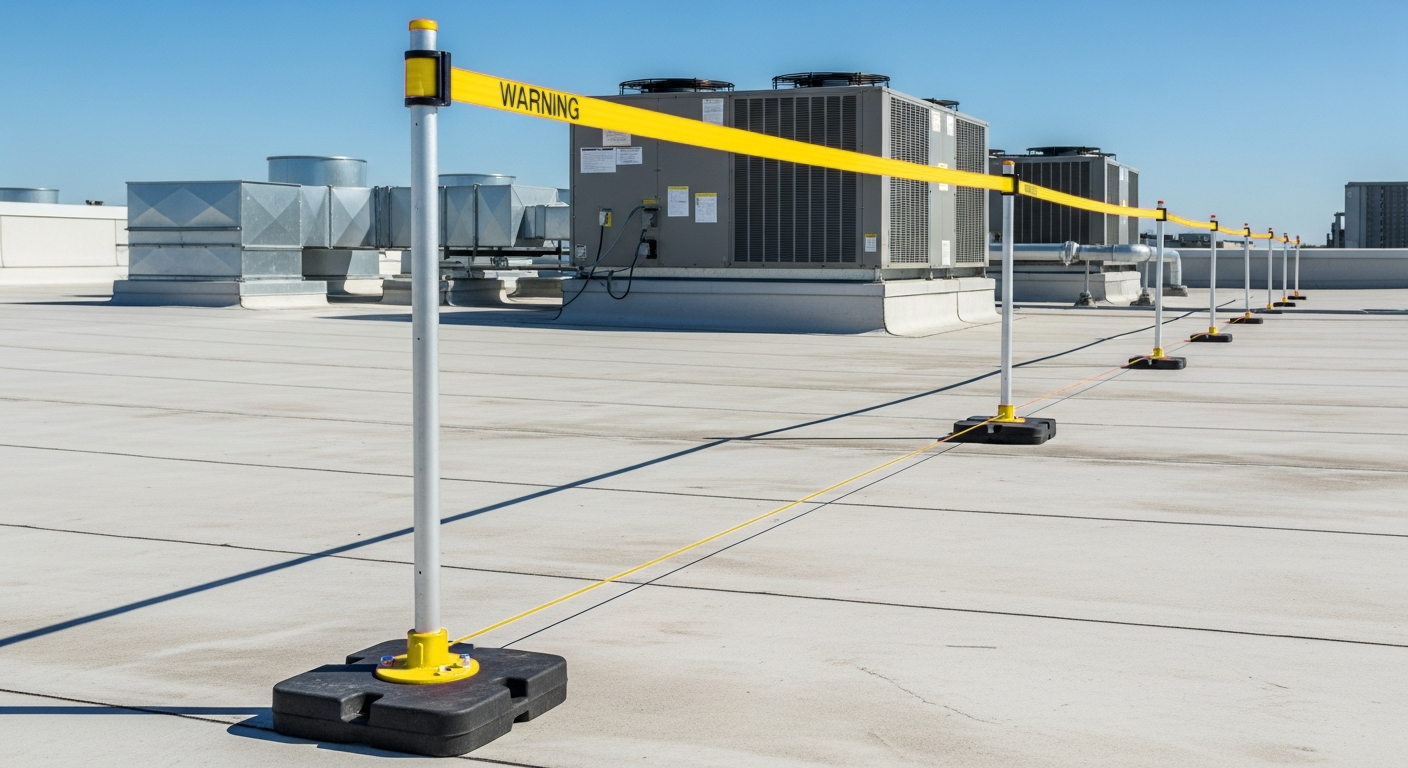 Non-penetrating warning-line stanchions with high-visibility rope marking a safe work boundary on a flat roof