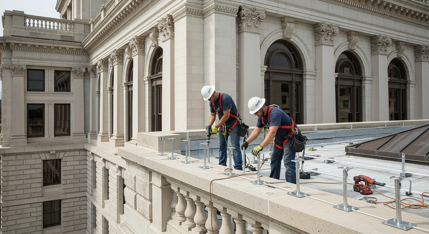 Custom access platform and anchor system installed on a government civic building rooftop