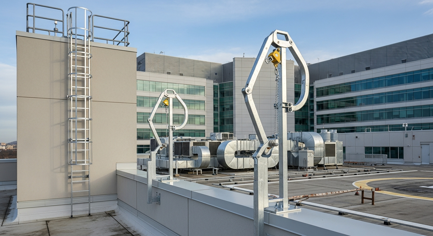 Custom-designed roof anchor and davit arm system installed on a hospital mechanical penthouse