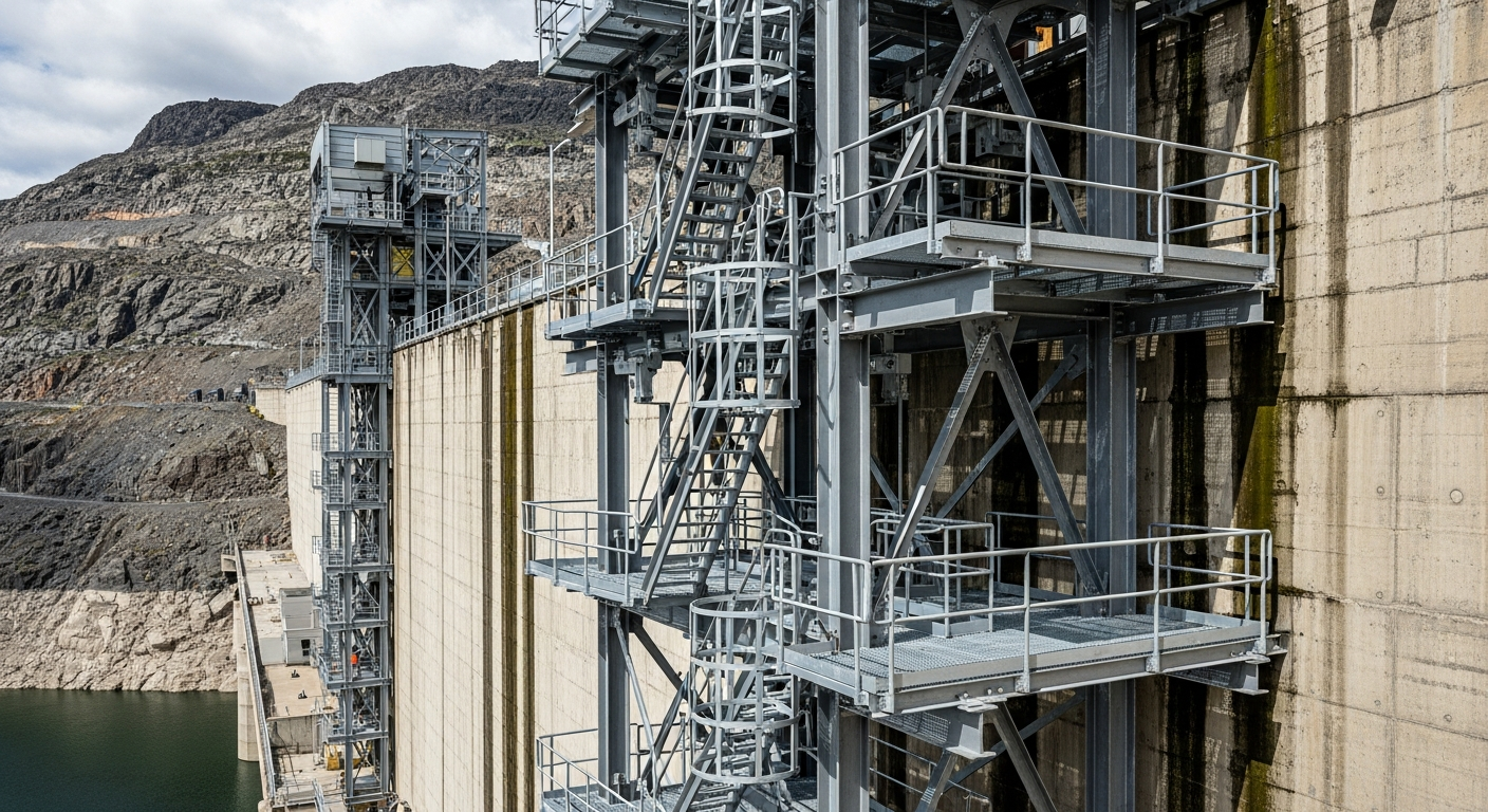 Heavy-duty access stair and fall protection steelwork at a mining or heavy industrial facility