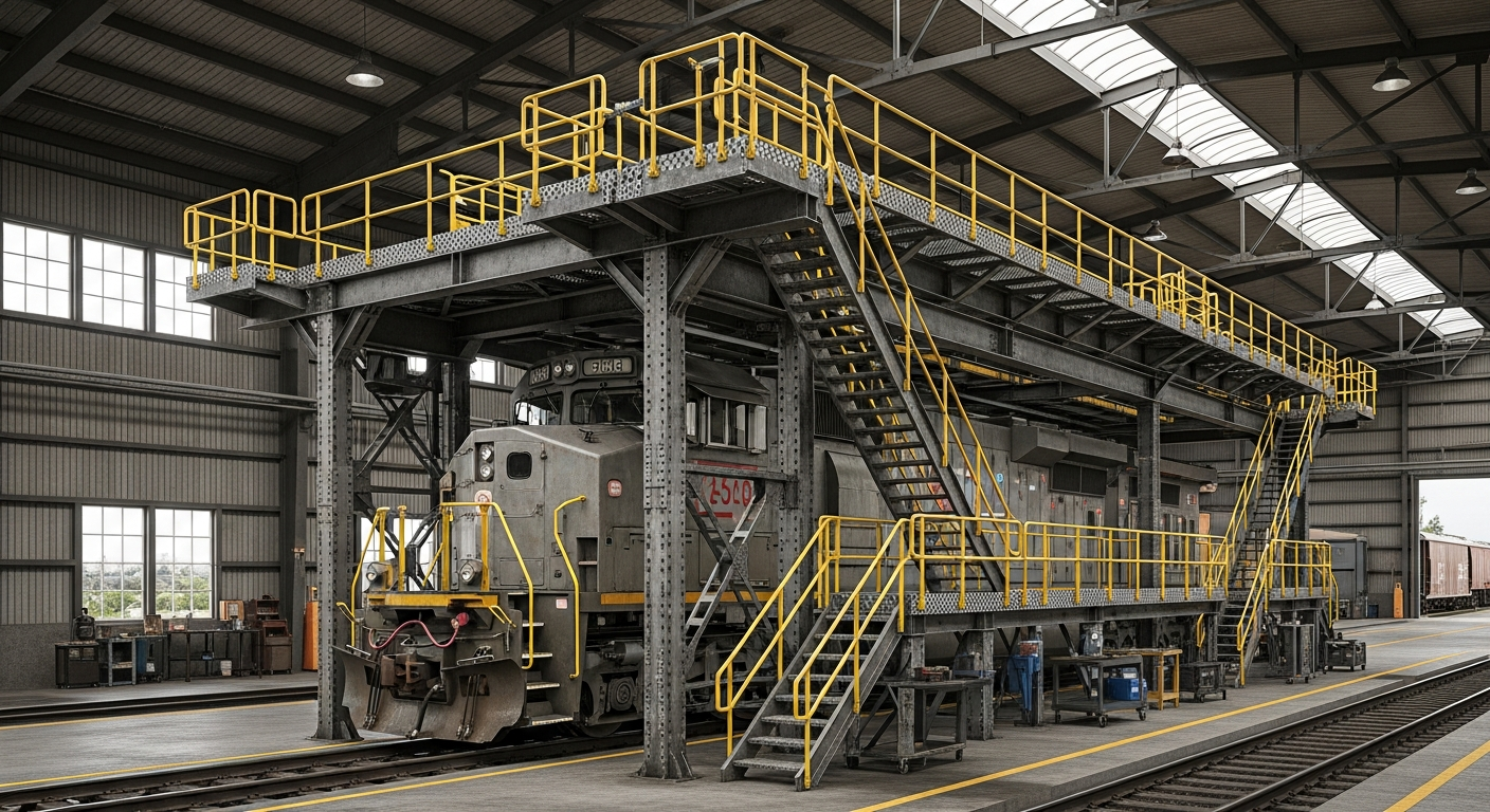 Rail-yard maintenance gantry and inspection walkway at a locomotive service facility